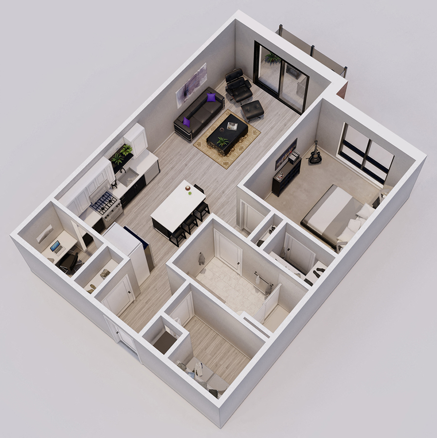 Floor plan for 1 bed, 1 bath, 749 sqft